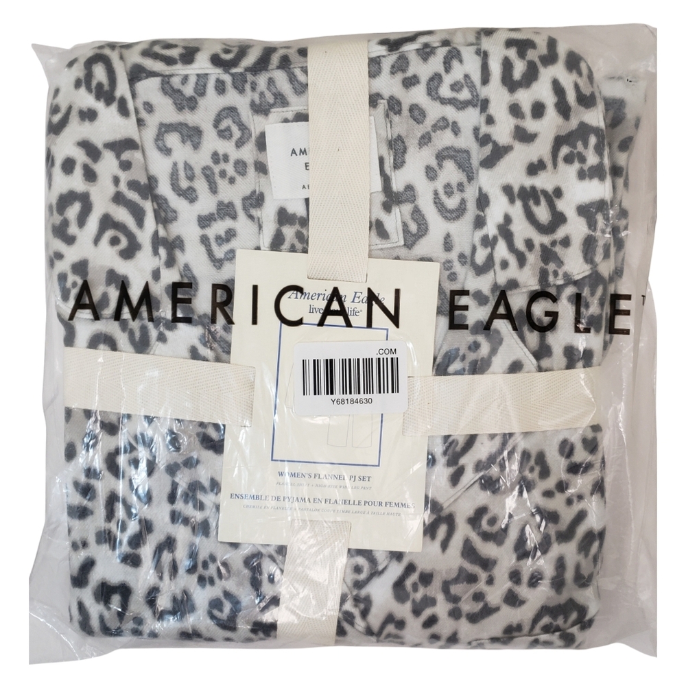 AMERICAN EAGLE Pajama Set Women Silver Shadow Leopard Print Flannel NWT